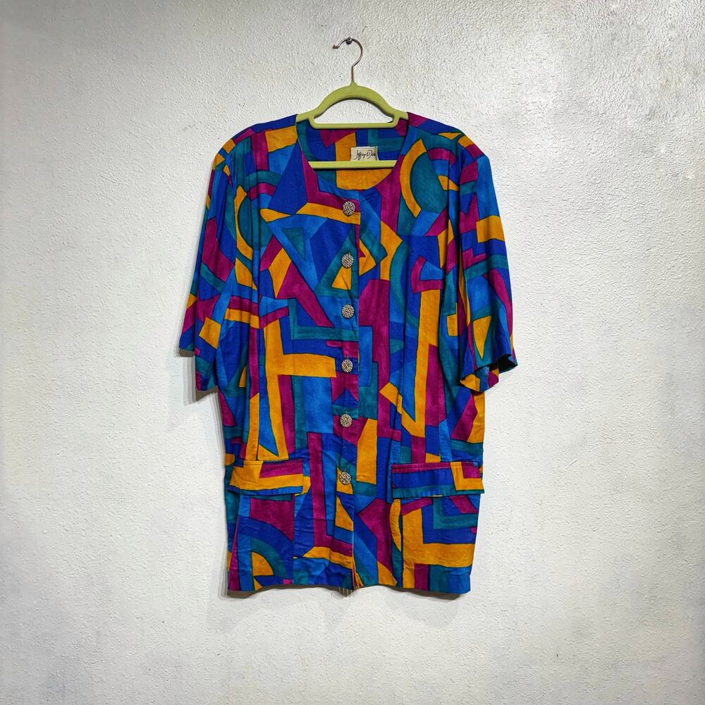 Jeffrey & Dara Multicolor Abstract Geometric Button Front Blouse Top Sz 22 - Picture 2 of 11